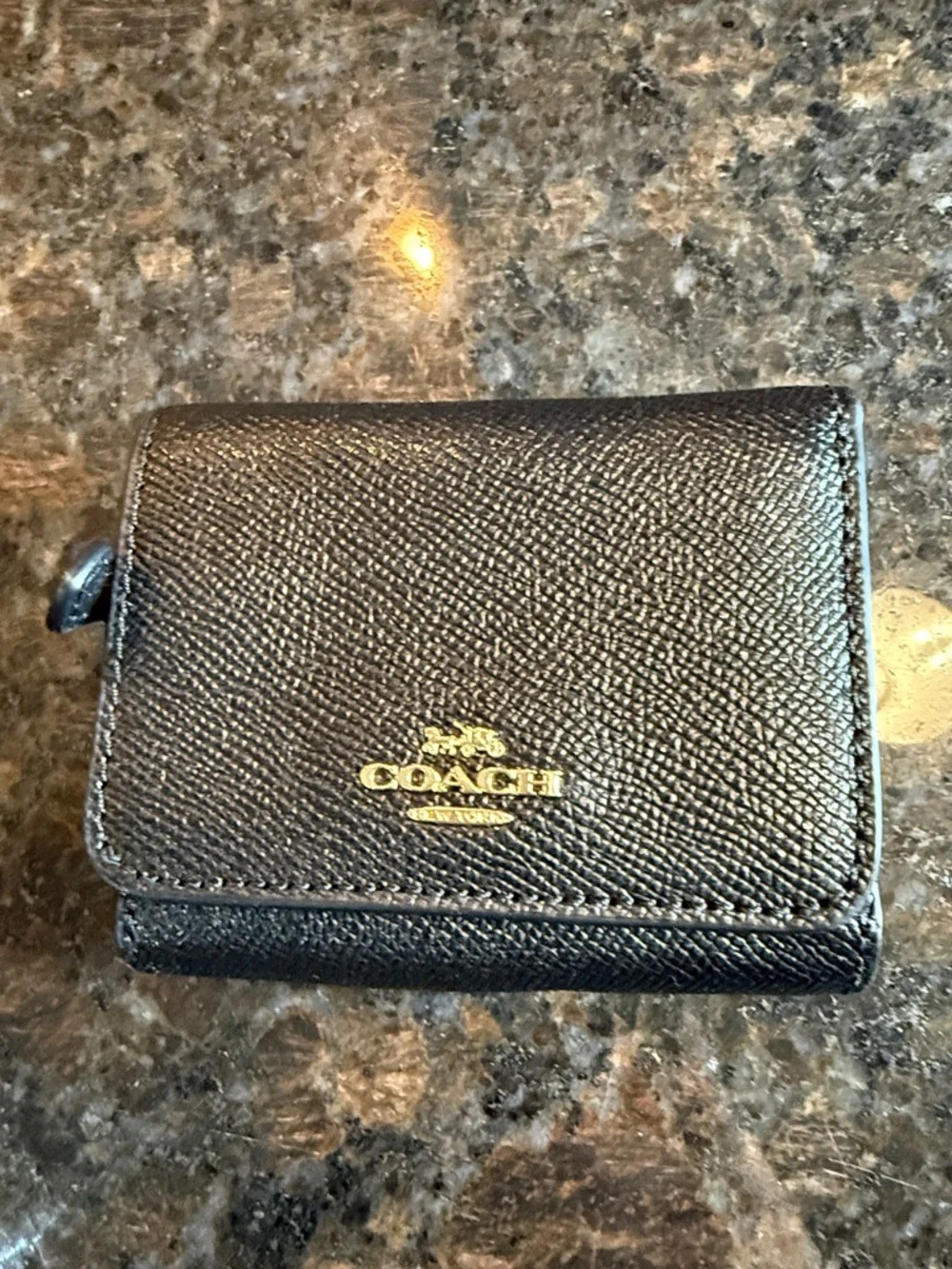 Coach Black Leather Textured Zip Wallet with Gold Logo Accent